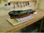 The hull prior to weathering. The motors and rudder linkages are covered by hatches that are in turn covered by a printed planked deck held down by double-sided tape.